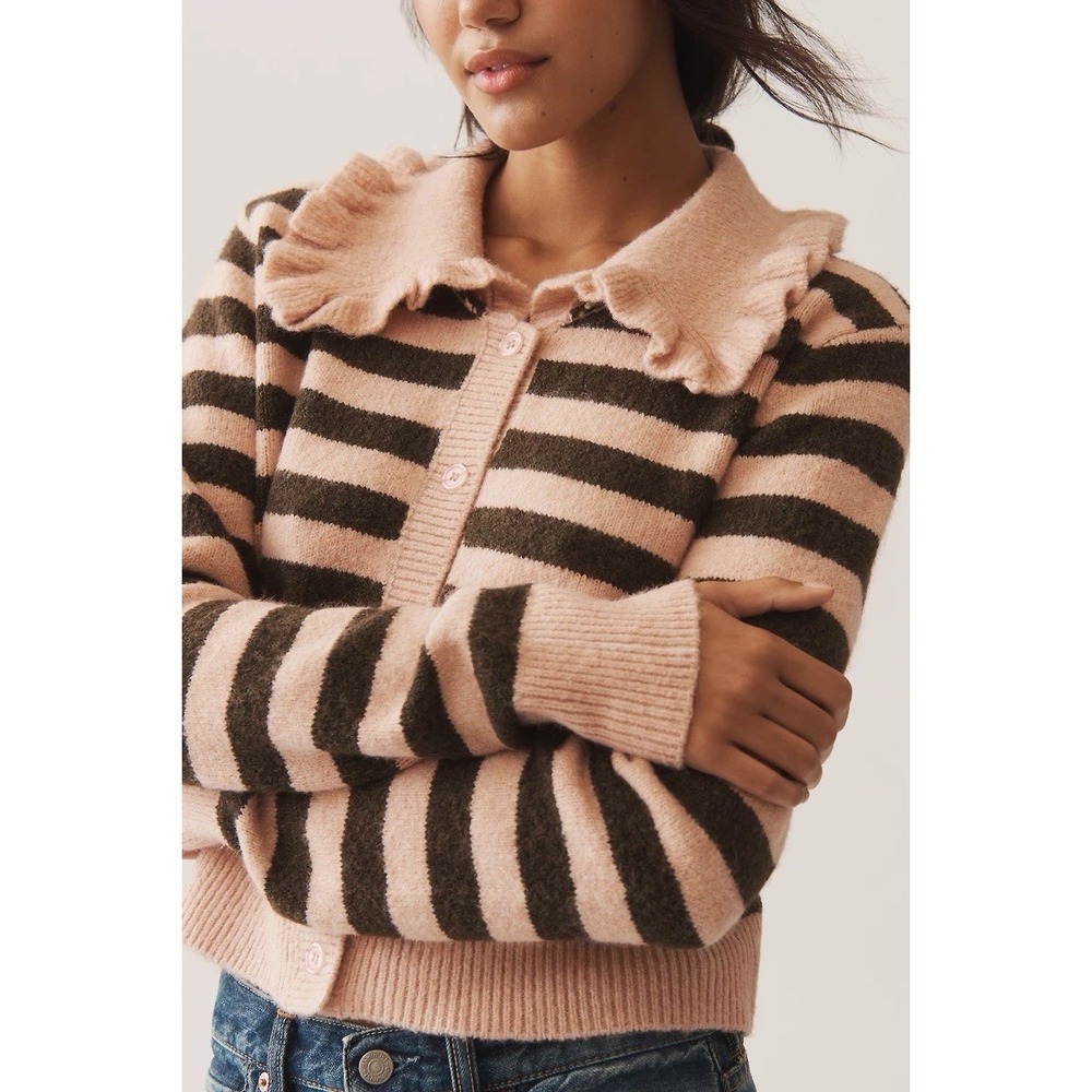 Maeve Anthropologie The Ainsley Ruffle-Collar Striped Cardigan Sweater Sz XS